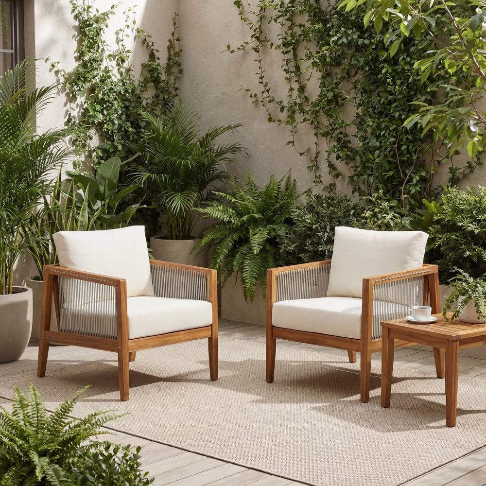 English Elm Outdoor Acacia Wood Club Chairs Set of 2 with Rope Back and Weather Resistant Cushions Beige,Teak N768P408130T_2