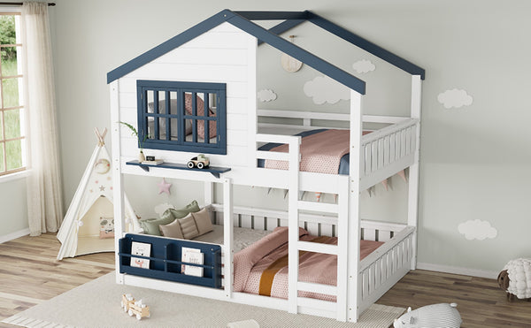 English Elm Full Bunk Bed with Trundle Bookshelf Storage Pine Frame Car Design for Kids White W1580S00552