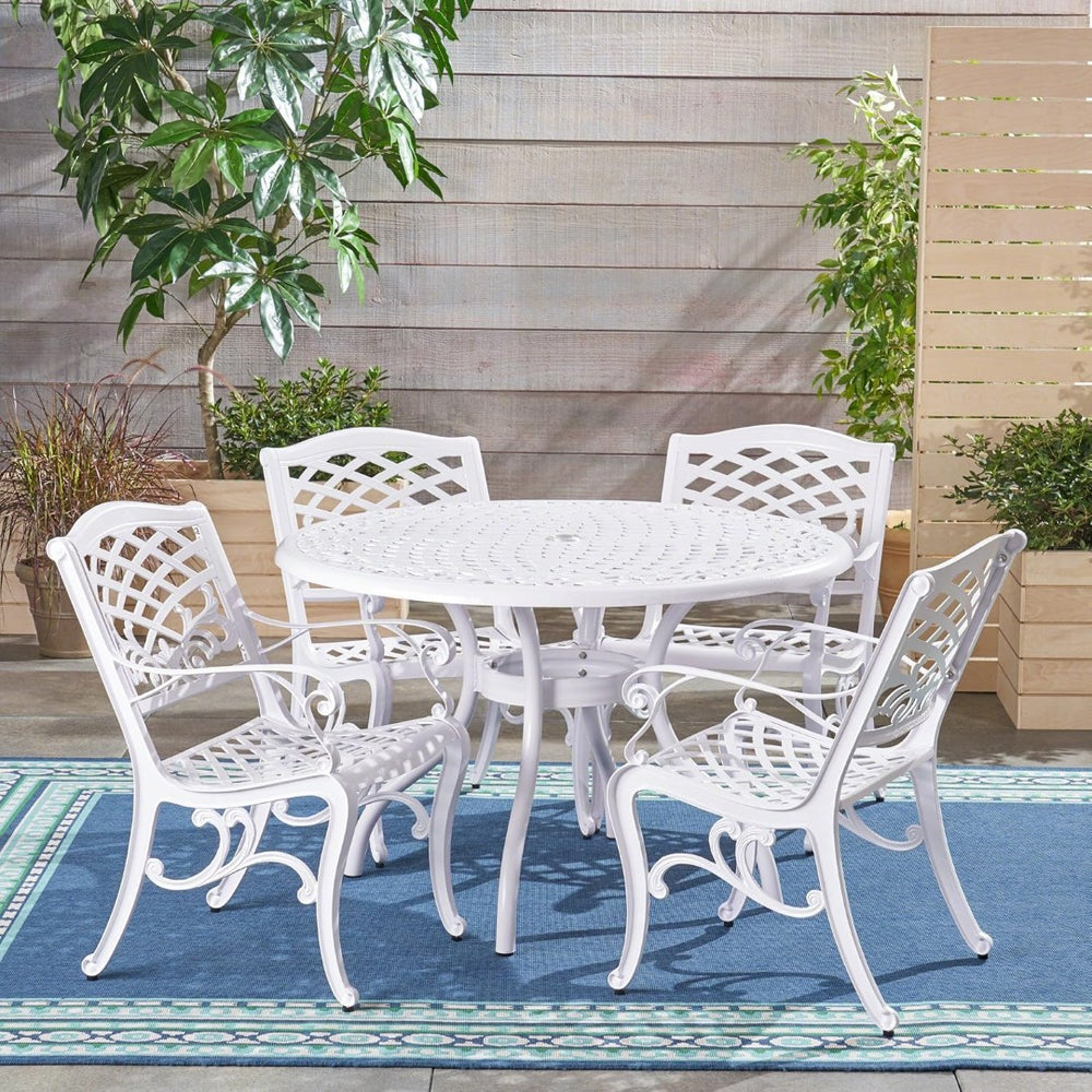 English Elm Dieter Cast Aluminum Round Outdoor Dining Set Seats Four with Scrollwork Lattice Detail N776P381164W-4_54588.00WHI