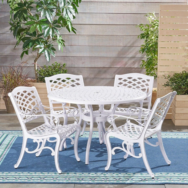 English Elm Dieter Cast Aluminum Round Outdoor Dining Set Seats Four with Scrollwork Lattice Detail N776P381164W-4_54588.00WHI