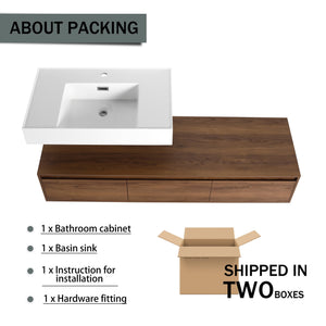 English Elm 60 Inch Wall-Mounted Bathroom Vanity With Resin Sink, Soft-Close Drawers & Floating Design Charm W999S00258