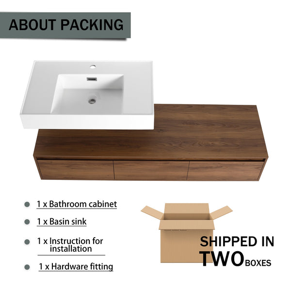 English Elm 60 Inch Wall-Mounted Bathroom Vanity With Resin Sink, Soft-Close Drawers & Floating Design Charm W999S00258