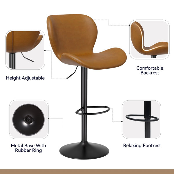 English Elm Swivel Bar Stools Set Of 2 - Adjustable Pu Leather Chairs With Back & Footrest For Comfort & Style T3950P396422-GIGA