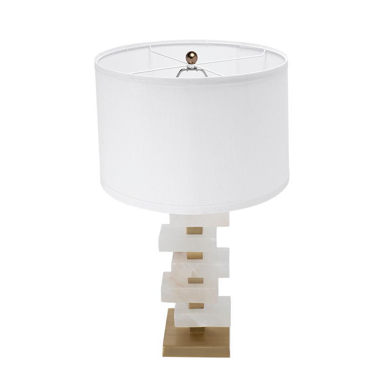English Elm D15x26.7" White and Gold Alabaster Slab Table Lamp with Square Pedestal Base, Modern Drum Shade Elegance W2078P399246
