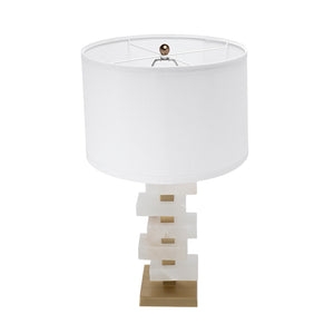 English Elm D15x26.7" White and Gold Alabaster Slab Table Lamp with Square Pedestal Base, Modern Drum Shade Elegance W2078P399246
