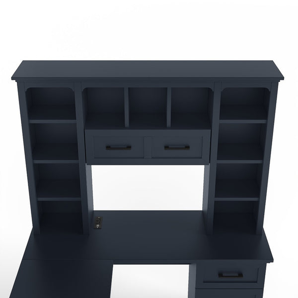 English Elm L-shaped Home Office Desk with Open Shelves Flip Shelf Cabinets and Drawer Storage Antique Blue W1580S00494