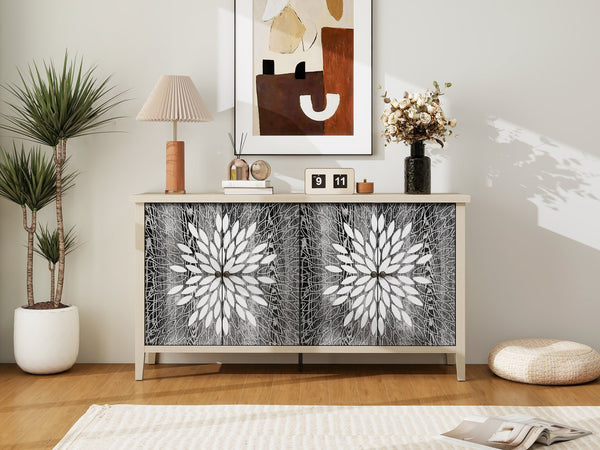 English Elm Sideboard Elegant Floral Handle Buffet Cabinet with 4 Doors, Adjustable Shelves & Reinforced Feet for Dining Room Storage Black,Natural W688P232758