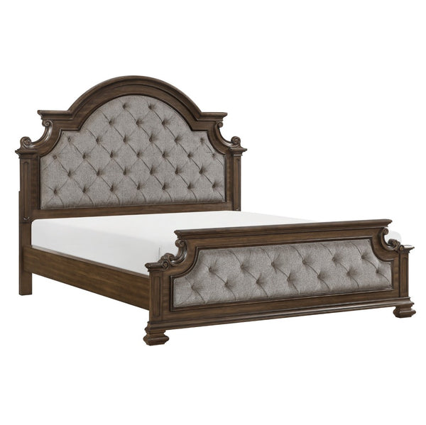 English Elm Traditional Arched Button Tufted California King Bed Gray Chenille Walnut Inlay Frame B011S02508