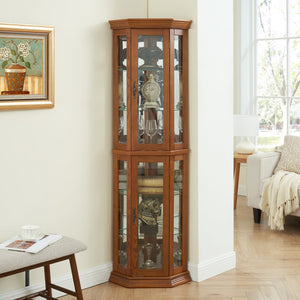 English Elm Lighted Corner Curio Cabinet - Elegant Display Shelf With Adjustable Glass Shelves & Ambient Lighting W1758P300137