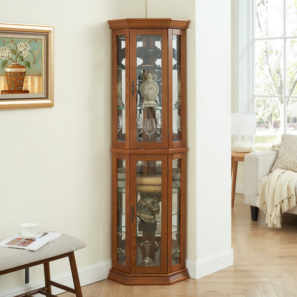 English Elm Lighted Corner Curio Cabinet - Elegant Display Shelf With Adjustable Glass Shelves & Ambient Lighting W1758P300137