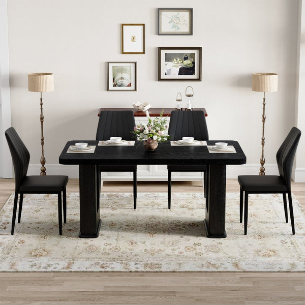 English Elm Table Black Textured Dining Set With 4 Ergonomic Pu Chairs - Modern, Durable & Stylish Design For Home W1151S04308-GIGA