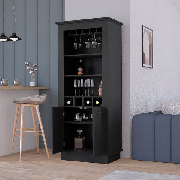 English Elm Lafayette Elegant Bar Cabinet with 4-Bottle Wine Rack, 10-Glass Holder and Spacious Dual-Door Storage Black 34 L x 27 W x 5 H B070S00327