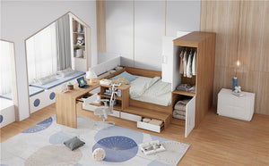 English Elm Full Size Wooden Platform Bed With 6 Drawers, Desk, Shelves & Wardrobe - Stylish Natural Finish N820S00060N