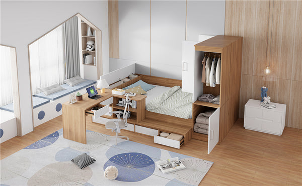 English Elm Full Size Wooden Platform Bed With 6 Drawers, Desk, Shelves & Wardrobe - Stylish Natural Finish N820S00060N