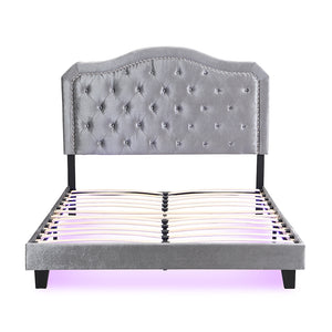 English Elm Upholstered Diamond Button Tufted Platform Bed with Velvet, LED Ambient Lighting, Sturdy Slats Light Gray 65.75 L x 34.43 W x 4.72 H W2297P268386
