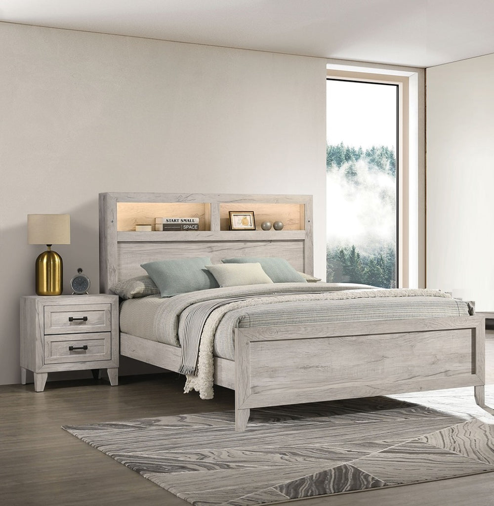 English Elm 3pc Eastern King Bedroom Set Whitewash Tufted Headboard Shelving Light Nightstands B2741S00224