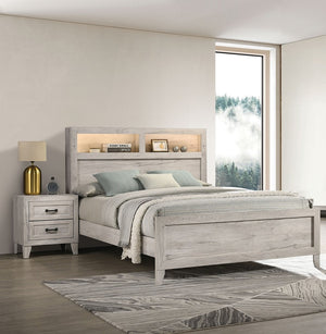 English Elm 3pc Full Bedroom Set Whitewash Tufted Headboard Shelves Lighting Two Nightstands B2741S00225