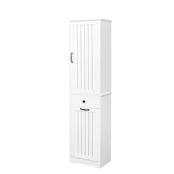 English Elm Laundry Cabinet with Drawer & Removable Basket Organizer, White Melamine Finish for Compact Spaces W331P235403