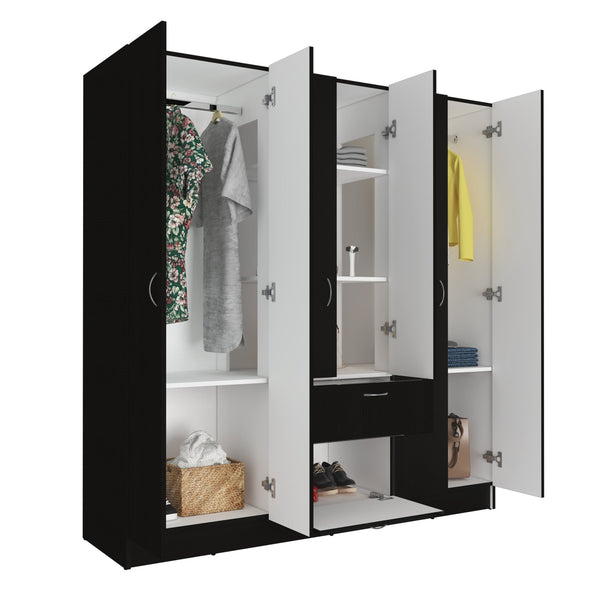English Elm Guajira Six Door Armoire in Black - 3 Cabinets, Hidden Shoe Drawer, Hanging Rods & Shelves Storage B128S00092