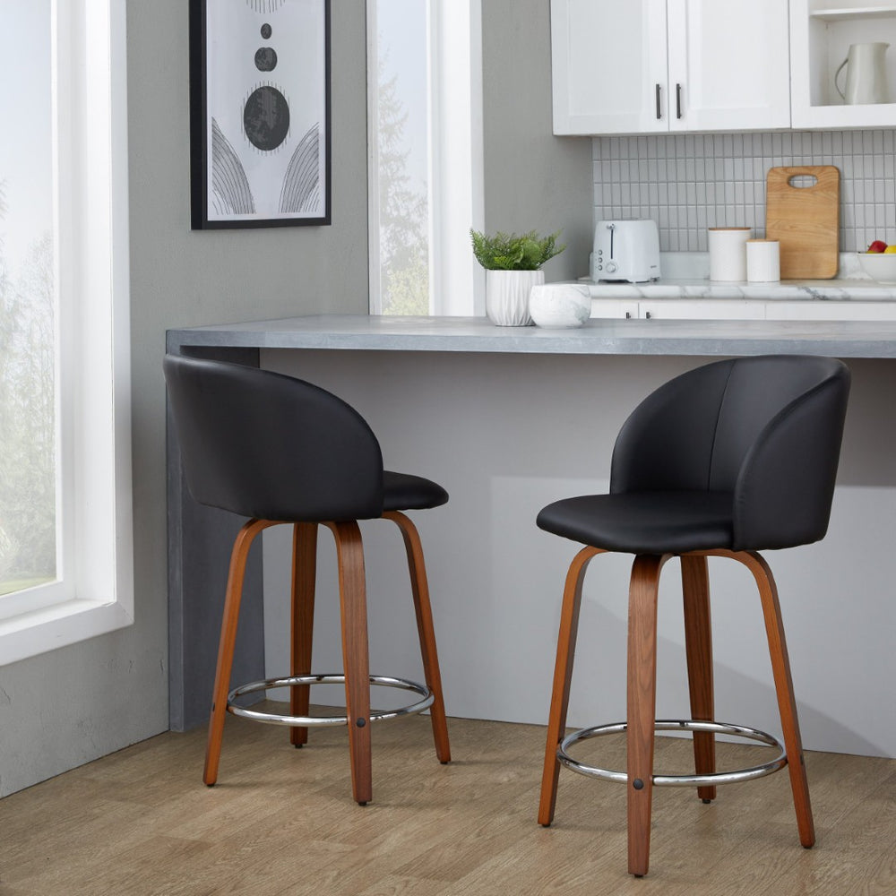 English Elm Fixed-height Swivel Counterstools with Walnut Legs Tufted Faux Leather Seat Set of 2 B202S01744