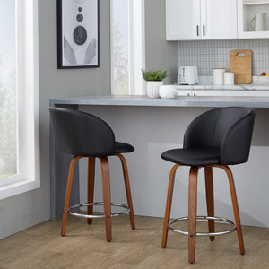 English Elm Fixed-height Swivel Counterstools with Walnut Legs Tufted Faux Leather Seat Set of 2 B202S01744