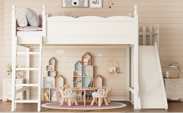 English Elm Queen Solid Pine Loft Bed with Wardrobe Shelves Detachable Slide and Dual Sleeping Zones Beige W5305S00028