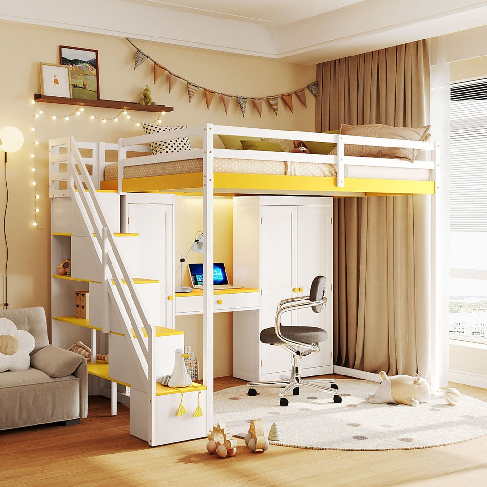 English Elm Full Size Teen Loft Bed with Staircase Shelves Wardrobe Vanity and Led Lighting LT000276AAL