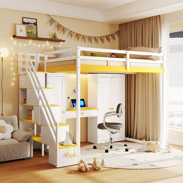English Elm Full Size Teen Loft Bed with Staircase Shelves Wardrobe Vanity and Led Lighting LT000276AAL