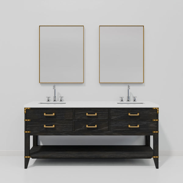 English Elm Black Oak Double Bath Vanity With 72" White Quartz Top, Faucets & 34" Mirrors For Modern Elegance B2731S02200
