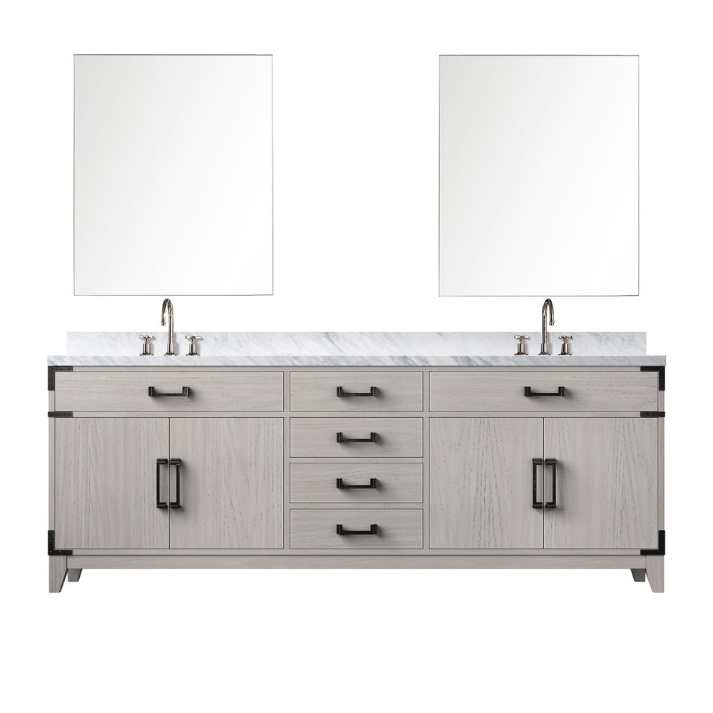 English Elm White Oak Double Vanity Set 84" With Carrara Marble Top, Chrome Faucets, & 36" Matching Mirrors B2731S01881-GIGA