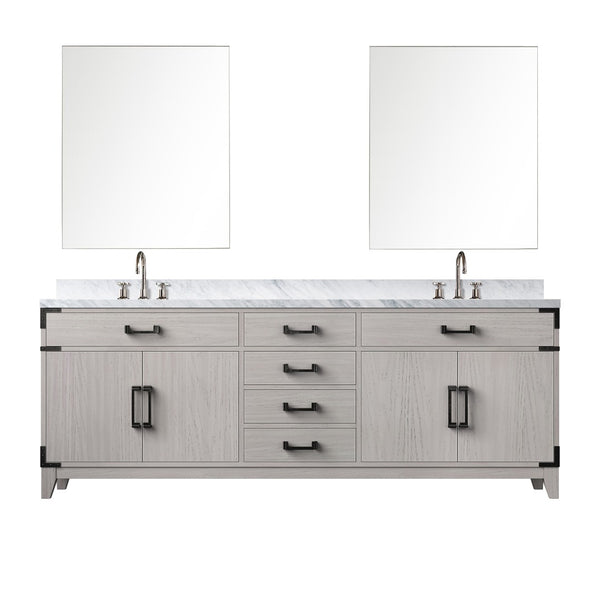 English Elm White Oak Double Vanity Set 84" With Carrara Marble Top, Chrome Faucets, & 36" Matching Mirrors B2731S01881-GIGA