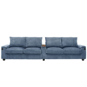 English Elm 4-seater Corduroy Sofa with USB Ports, Flip-Top Cup Holders, Hidden Arm Storage & Ultra-Deep Seats Blue N719S001990C