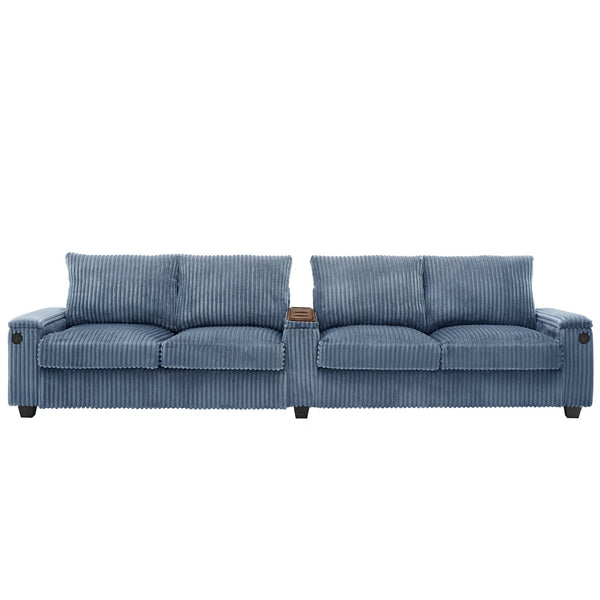 English Elm 4-seater Corduroy Sofa with USB Ports, Flip-Top Cup Holders, Hidden Arm Storage & Ultra-Deep Seats Blue N719S001990C