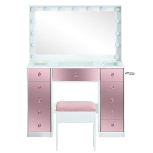 English Elm Makeup Vanity Desk Set with Hollywood Led Mirror Cushioned Stool and Crystal Drawer Pulls N704P340230K