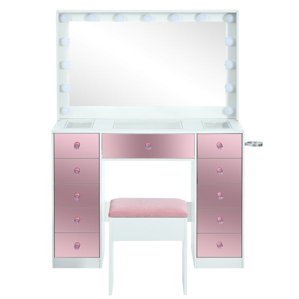 English Elm Makeup Vanity Desk Set with Hollywood Led Mirror Cushioned Stool and Crystal Drawer Pulls N704P340230K
