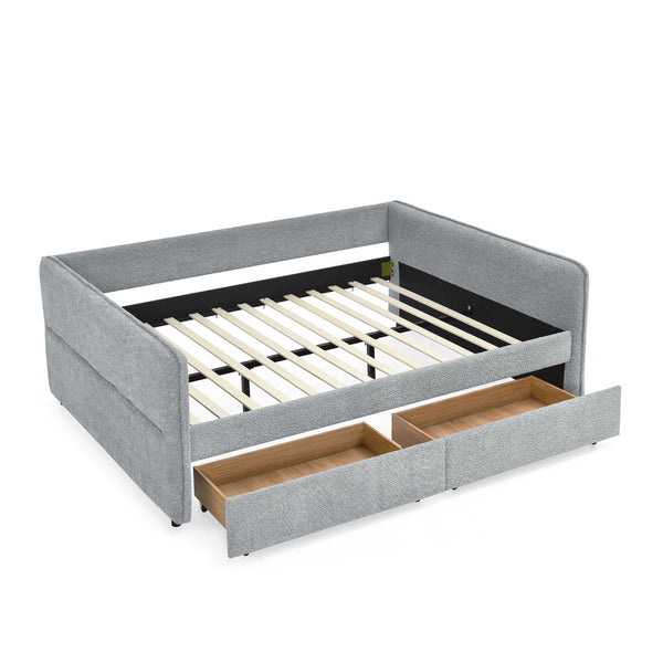 English Elm Daybed With Trundle - Stylish Upholstered Queen Sofa Bed In Grey Boucle With Storage Drawers W1413S00073