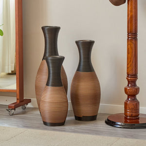 English Elm Set of 3 designer floor vases in Grey+Brown PVC, modern rattan-look tall decor for hallways & living rooms W2796P261496