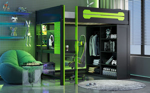 English Elm Full Size Gaming Loft Bed with Rgb Lighting Integrated Desk and Open Wardrobe Green N820S00073F