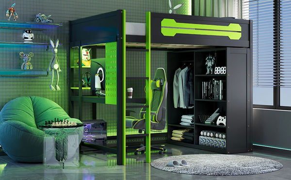English Elm Full Size Gaming Loft Bed with Rgb Lighting Integrated Desk and Open Wardrobe Green N820S00073F