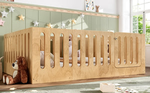 English Elm Queen Solid Pine Montessori Floor Bed for Kids with House Frame and Built-in Door Natural W5305P420640