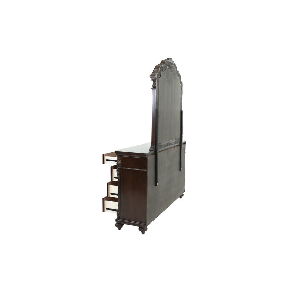English Elm Traditional Antique Cherry/Walnut Dresser with Mirror, 9 Drawers, Carved Floral Accents, Metal Hardware and Bun Feet B011S01151