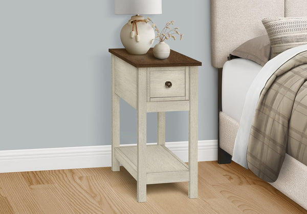 English Elm Accent Table, Two-Tier Narrow Design With Storage Drawer, Antique White & Brown Finish For Versatile Use B2710P219471