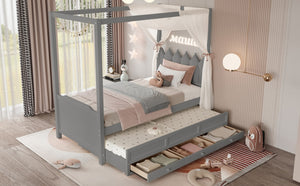English Elm Full Bunk Bed with Trundle Bookshelf Storage Pine Frame Car Design for Kids W1580S00316