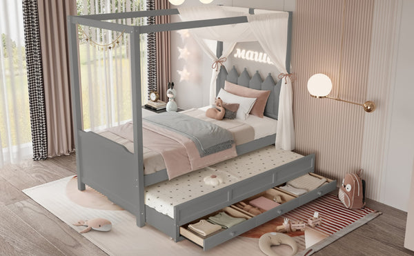 English Elm Full Bunk Bed with Trundle Bookshelf Storage Pine Frame Car Design for Kids W1580S00316