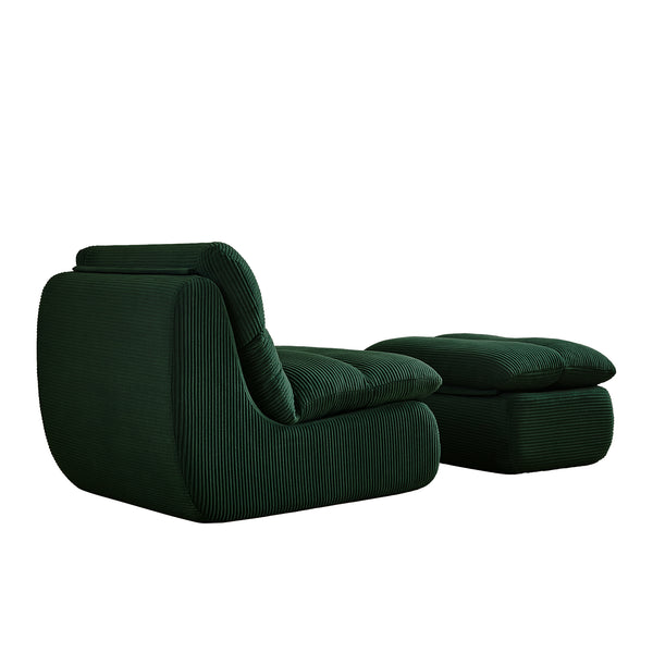 English Elm Modern Compressed Lounge Chair with Ottoman Corduroy Recliner Small Space Sofa High-Density Foam Comfort Green W1036P251819