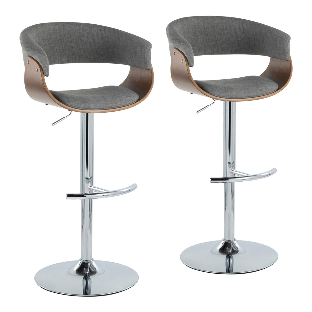 English Elm Vintage Mid-Century Barstool Set of 2 – Adjustable Swivel Height, Grey Fabric, Walnut Accents, Chrome T-Base B202S01083