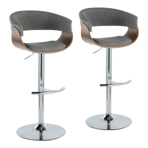 English Elm Vintage Mid-Century Barstool Set of 2 – Adjustable Swivel Height, Grey Fabric, Walnut Accents, Chrome T-Base B202S01083