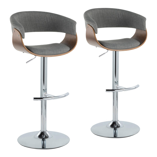 English Elm Vintage Mid-Century Barstool Set of 2 – Adjustable Swivel Height, Grey Fabric, Walnut Accents, Chrome T-Base B202S01083
