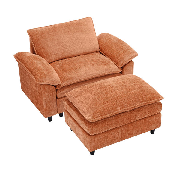 English Elm Accent Chair With Ottoman - Oversized Chenille Sofa For Living Room, Bedroom, Office & Lounge (Orange) W2100S00108