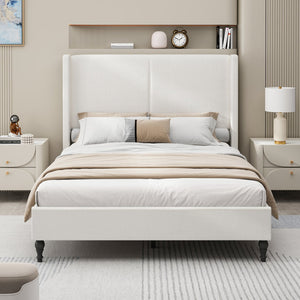 English Elm Queen Plush Upholstered Bed Frame with 55.5" High Headboard, Bouclé Style, 12-Slat Support, 1000lb Capacity White 64.96 L x 31.5 W x 8.07 H W1716P335676